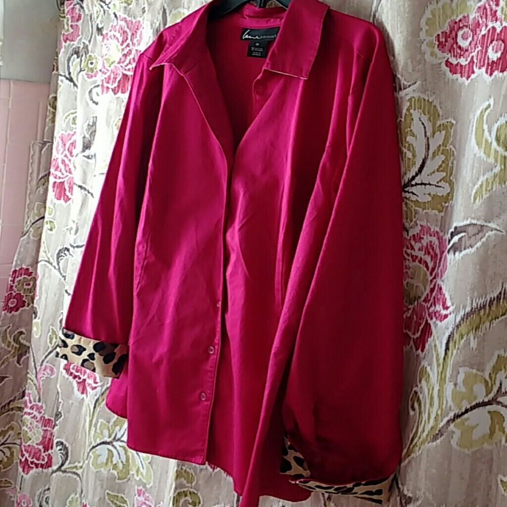 Hot Pink w/ Leopard Cuffs Cotton Long Sleeve Shirt